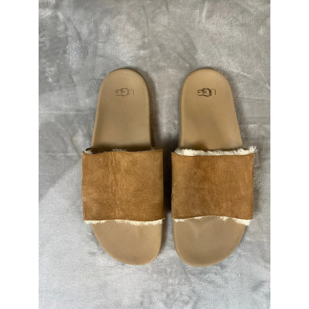UGG Xavier Slides Men 13 Chestnut Suede Sheepskin Lined Treadlite Sandals